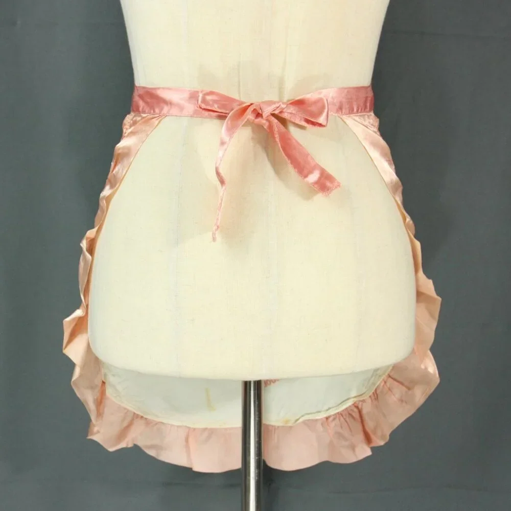 Vintage Beth Jacobs Schools Print Satin Ruffles Tie Back Half Apron 1950s 1960s